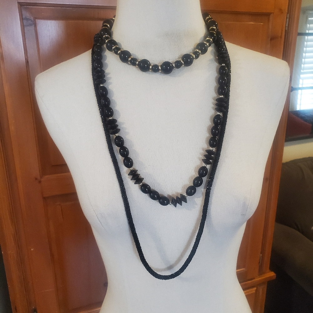 Black Beaded Necklace Bundle Vintage Classic Layered Faux Pearl Gold Goth Kitchy